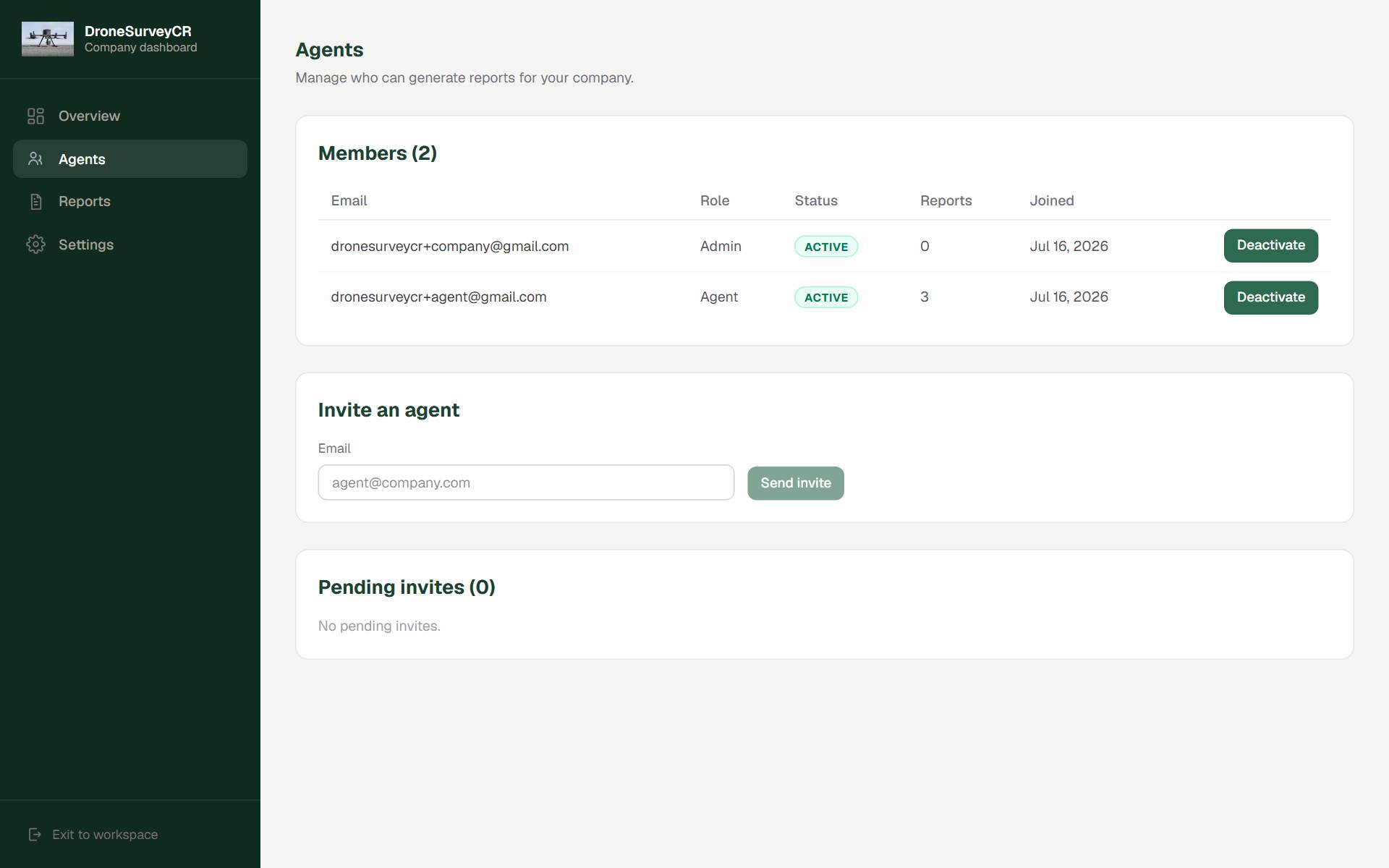 Team management screen with company members and invite links