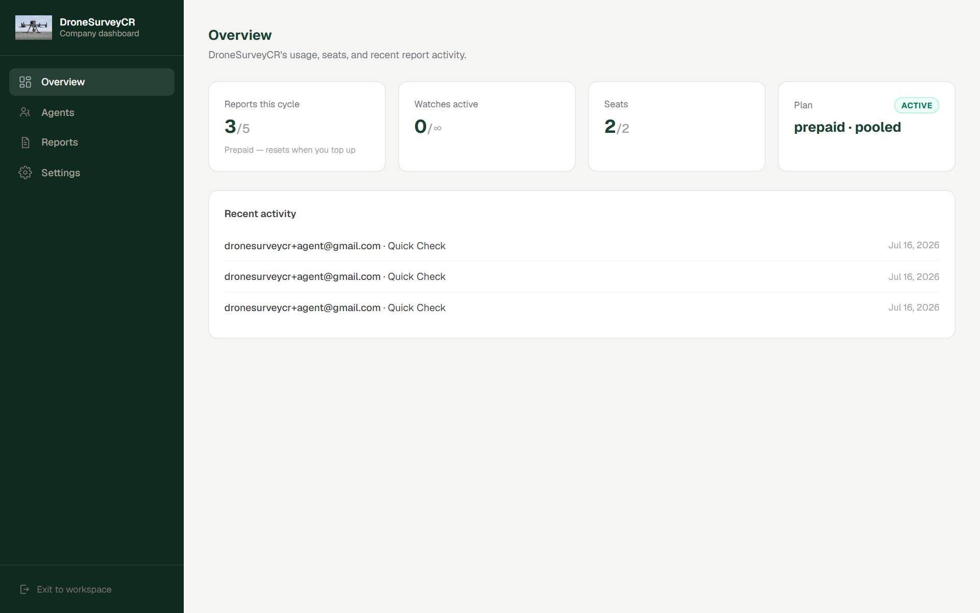 Company dashboard overview with usage, seats and activity